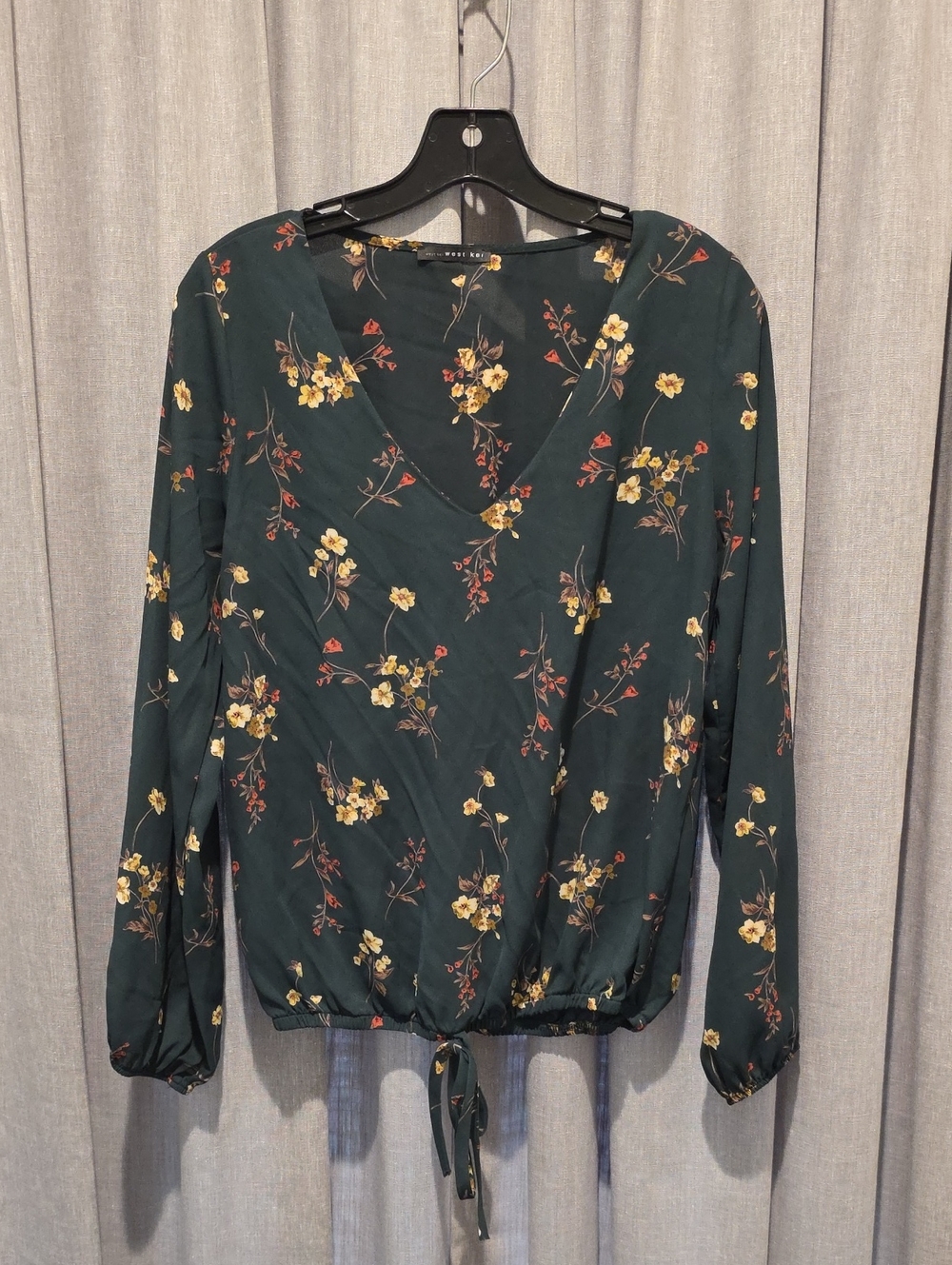 West Kei Dark Green Floral V-Neck Tie-Hem Blouse